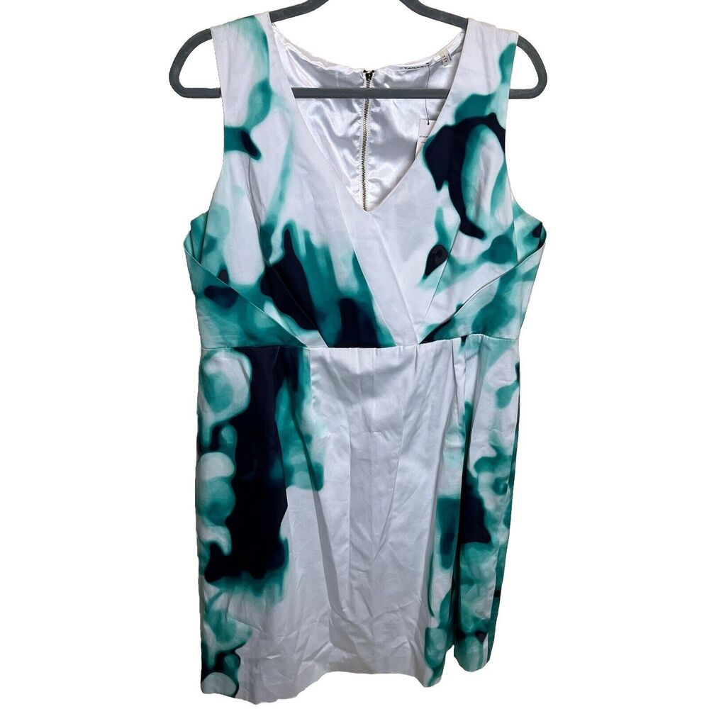 T Tahari Turquoise  and White Watercolor V Neck Sheath Dress Size 14 New